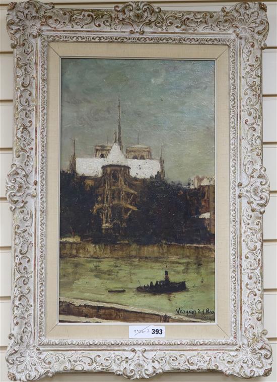 Salvator Vasquez del Rio (Spanish/French 1907-1967) Paris sous la neige (Notre Dame from the Isle St Louis). Oil on board. 55 x 32cm